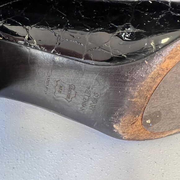 Stuart Weitzman Black Patent Croc Embossed Block Heel Ankle Boots - Picture 7 of 8